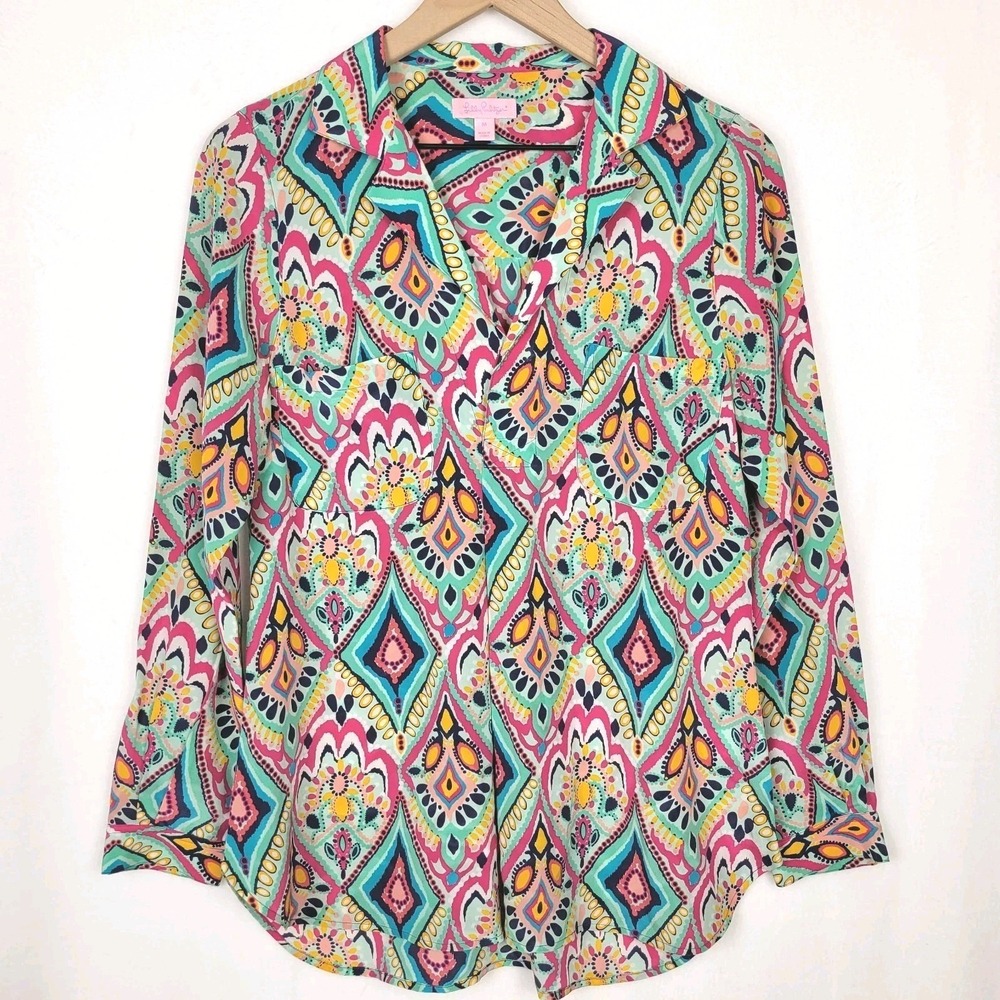 Lilly‎ Pulitzer Boston 100% Silk Popover Blouse Size M Crown Jewels Maximalist